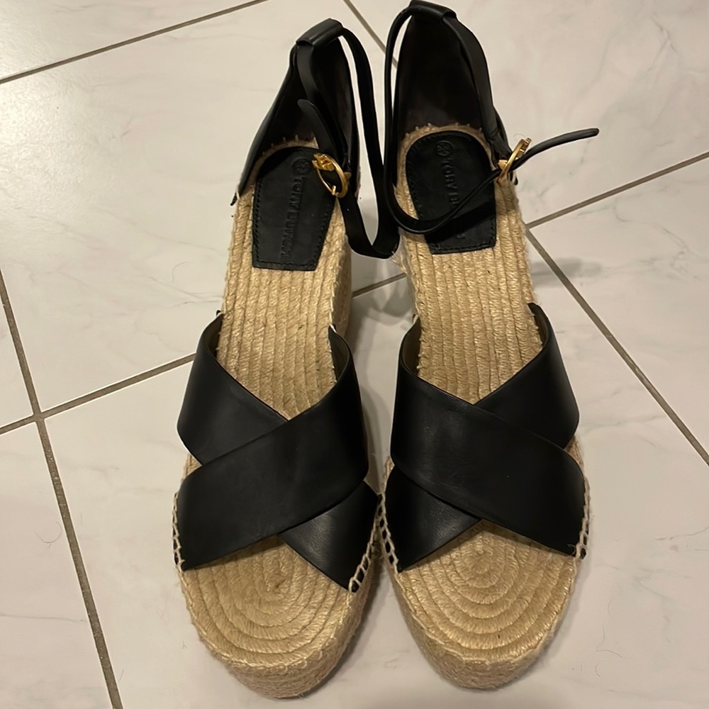 Tory Burch Black Leather Espadrille Wedge Sandals